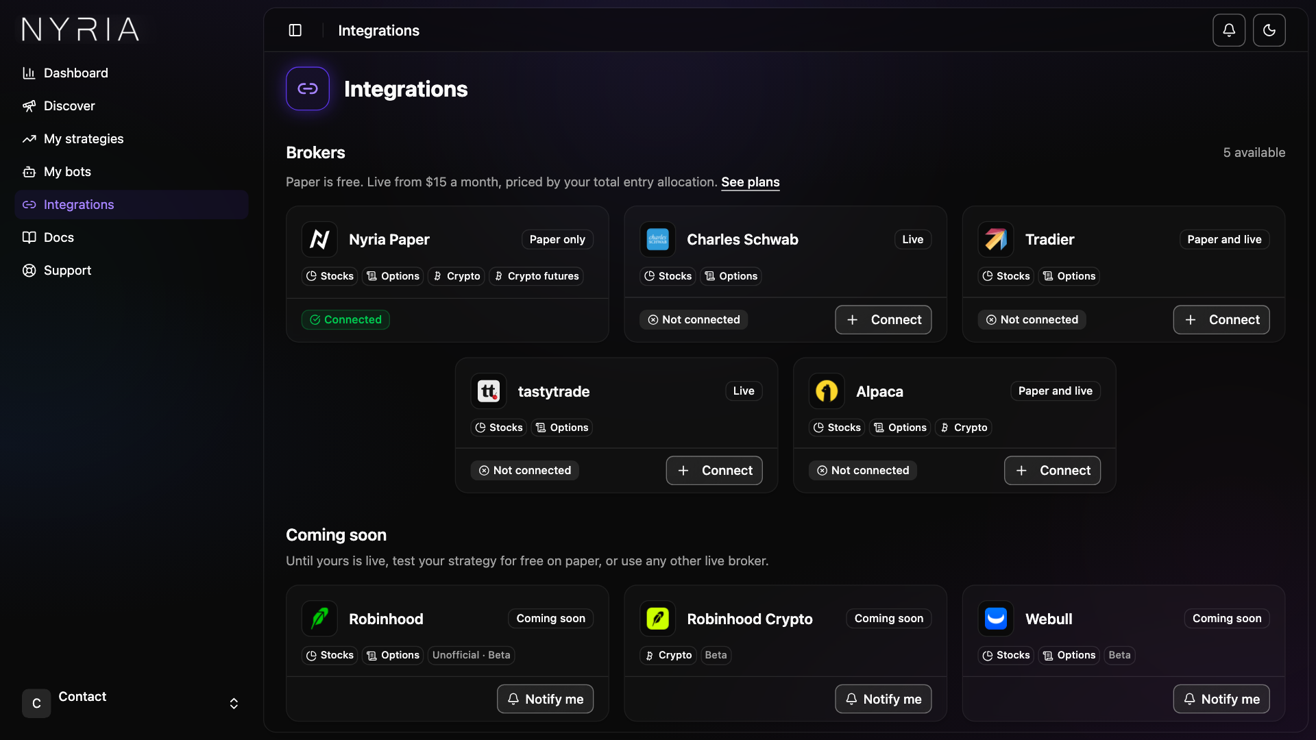 The Integrations page: each broker with its connection status and Connect button, Nyria Paper connected, and the third-party integrations below.