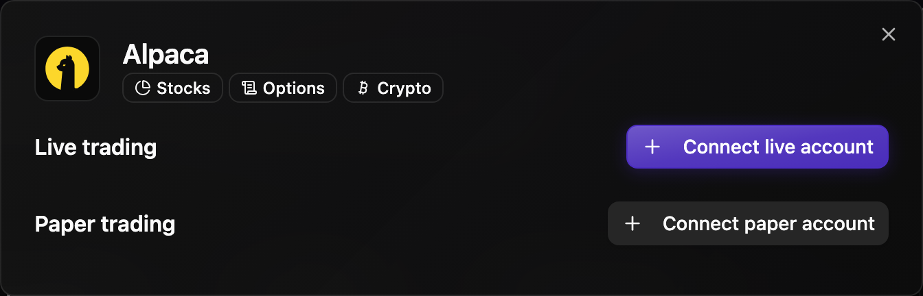 The Alpaca panel on Integrations: stocks, options and crypto, with a live section and a paper section, each with its own connect button.