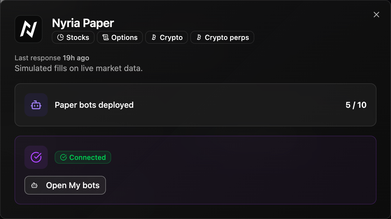 The Nyria Paper dialog: simulated fills on live market data.