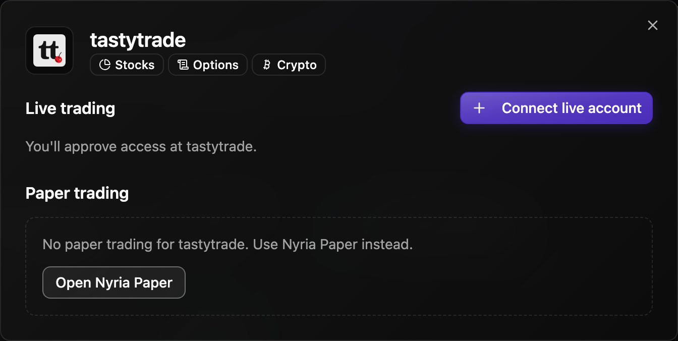 Connecting tastytrade from Integrations.