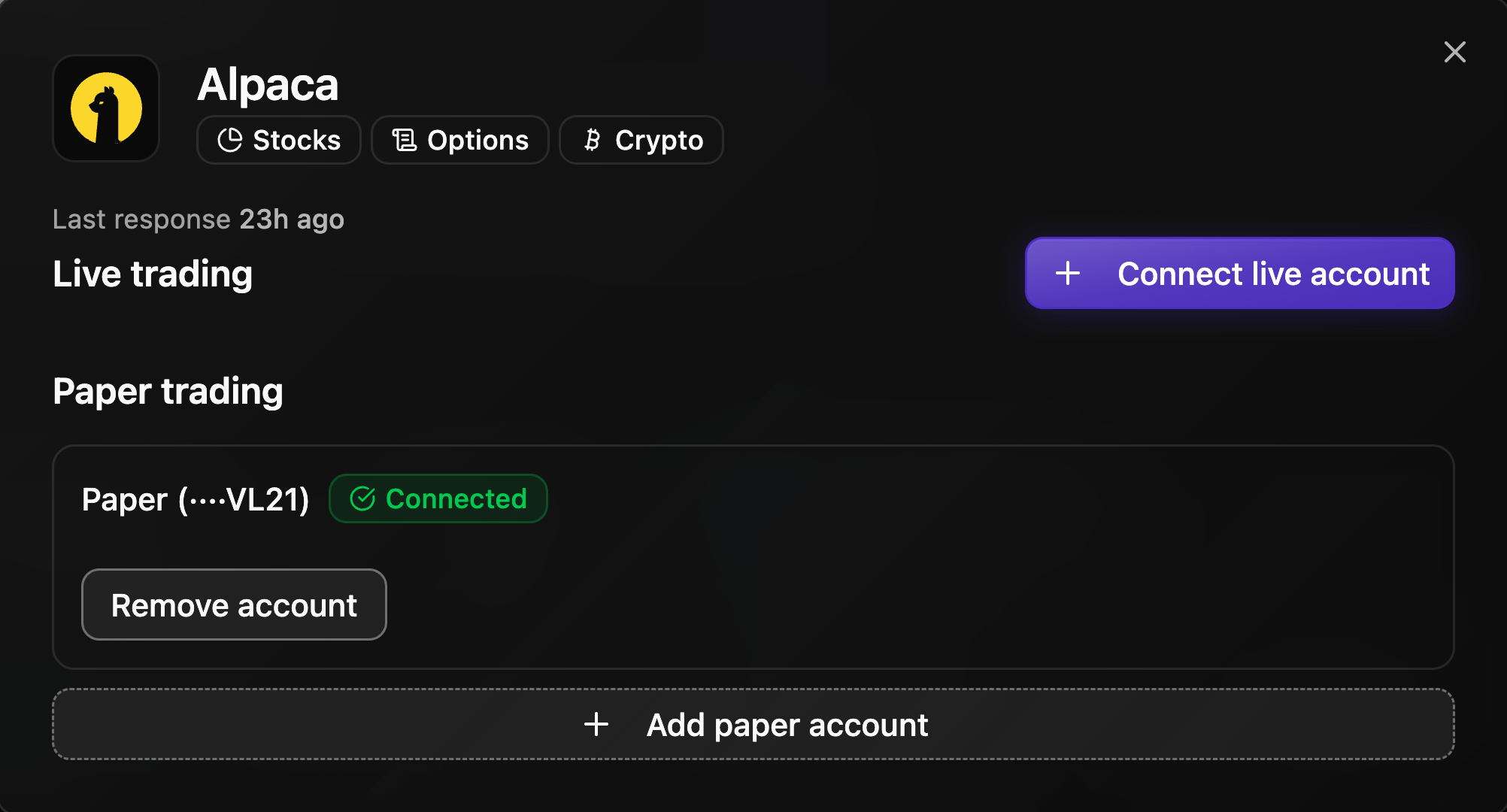 The Alpaca dialog in Nyria after connecting: the paper account shows Connected, with Remove account and Add paper account.