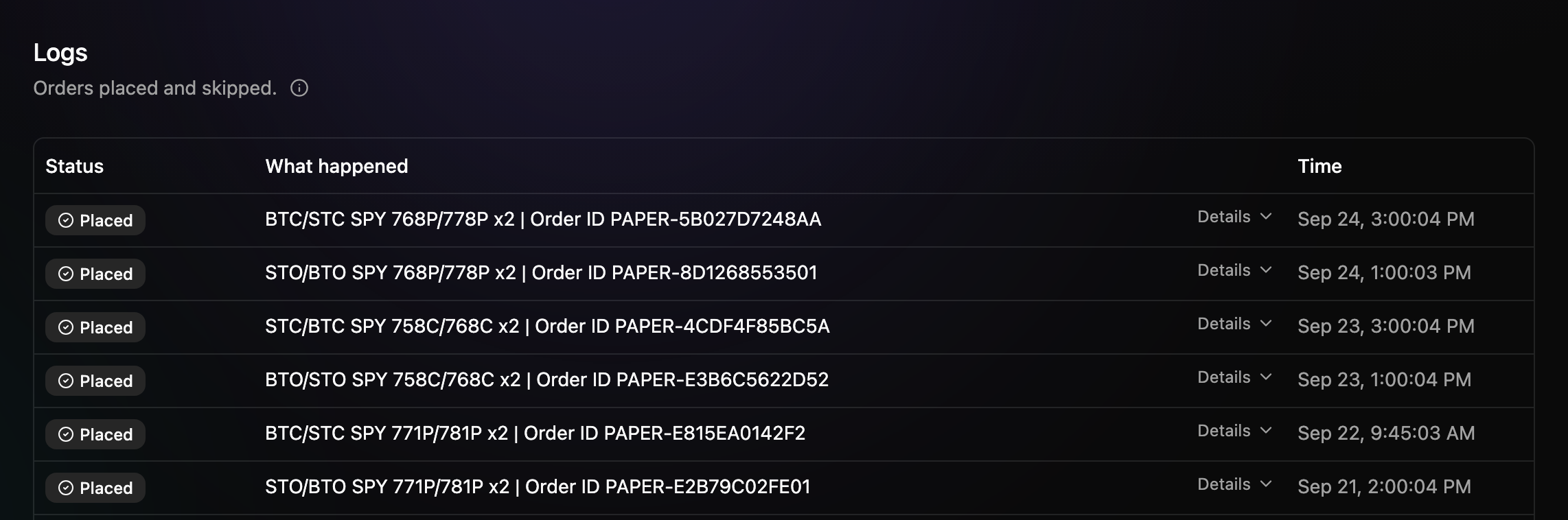 A bot's Logs tab: orders placed and skipped. Each row shows its status, what happened on one line, a Details toggle and the time.