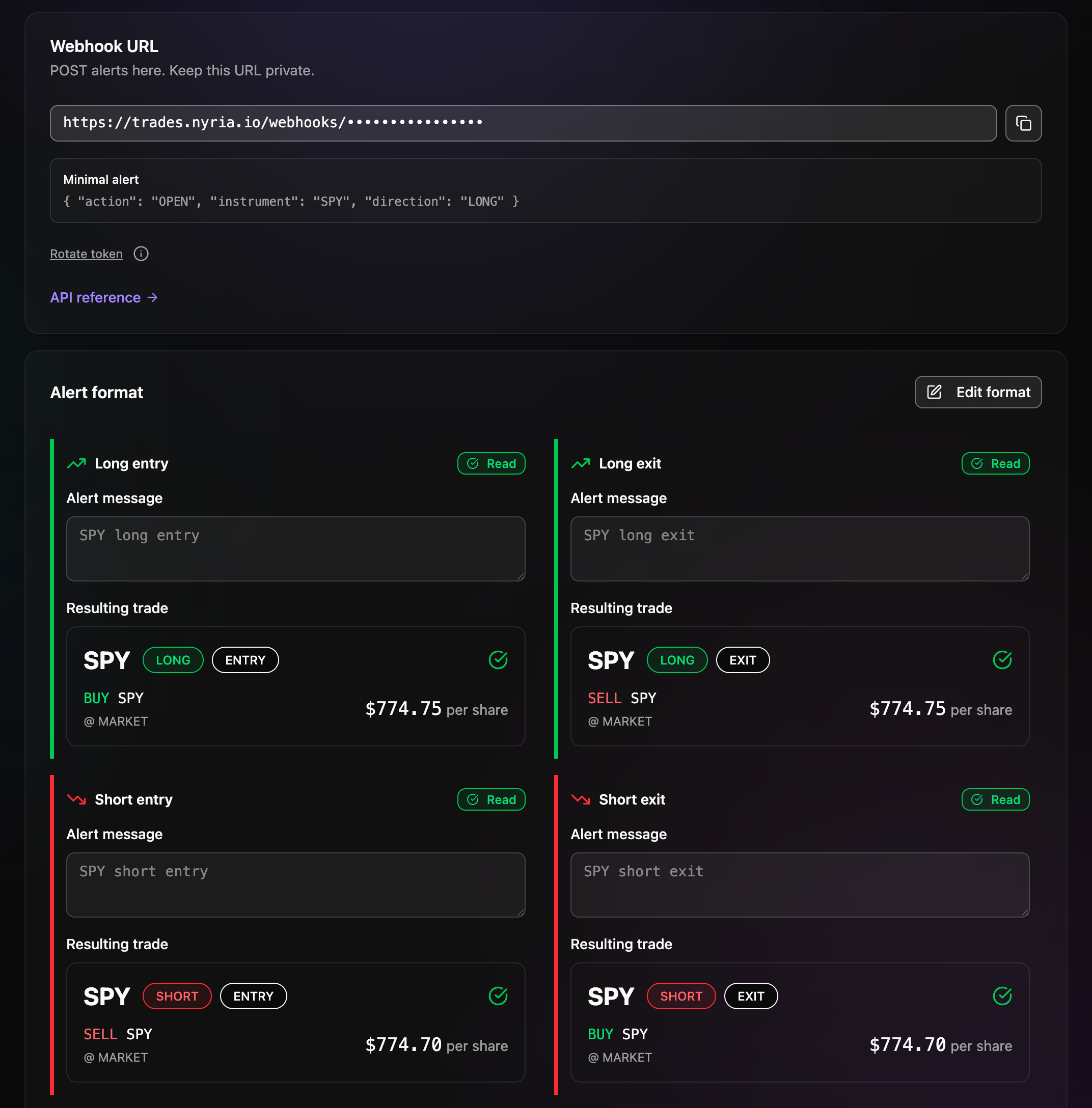A strategy's Integration tab after Check format: the webhook URL, then an example alert for each trade type with the trade Nyria read from it, each marked Read.