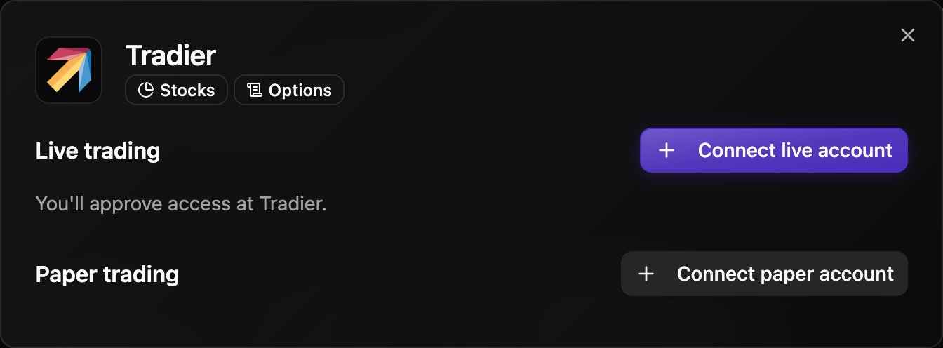 Connecting Tradier from Integrations.