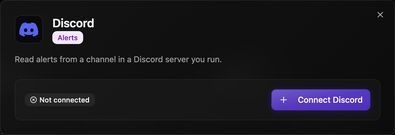 The Discord details on Integrations: read alerts from a channel in a Discord server you run, Not connected, and Connect Discord.