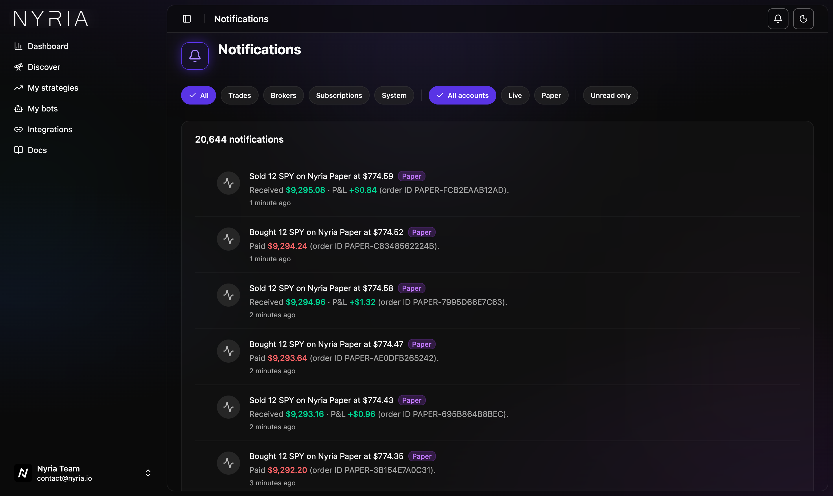 The Notifications page: category filters (All, Trades, Brokers, Subscriptions, System), the All accounts, Live and Paper filters and Unread only, above the latest Nyria Paper fill notifications.