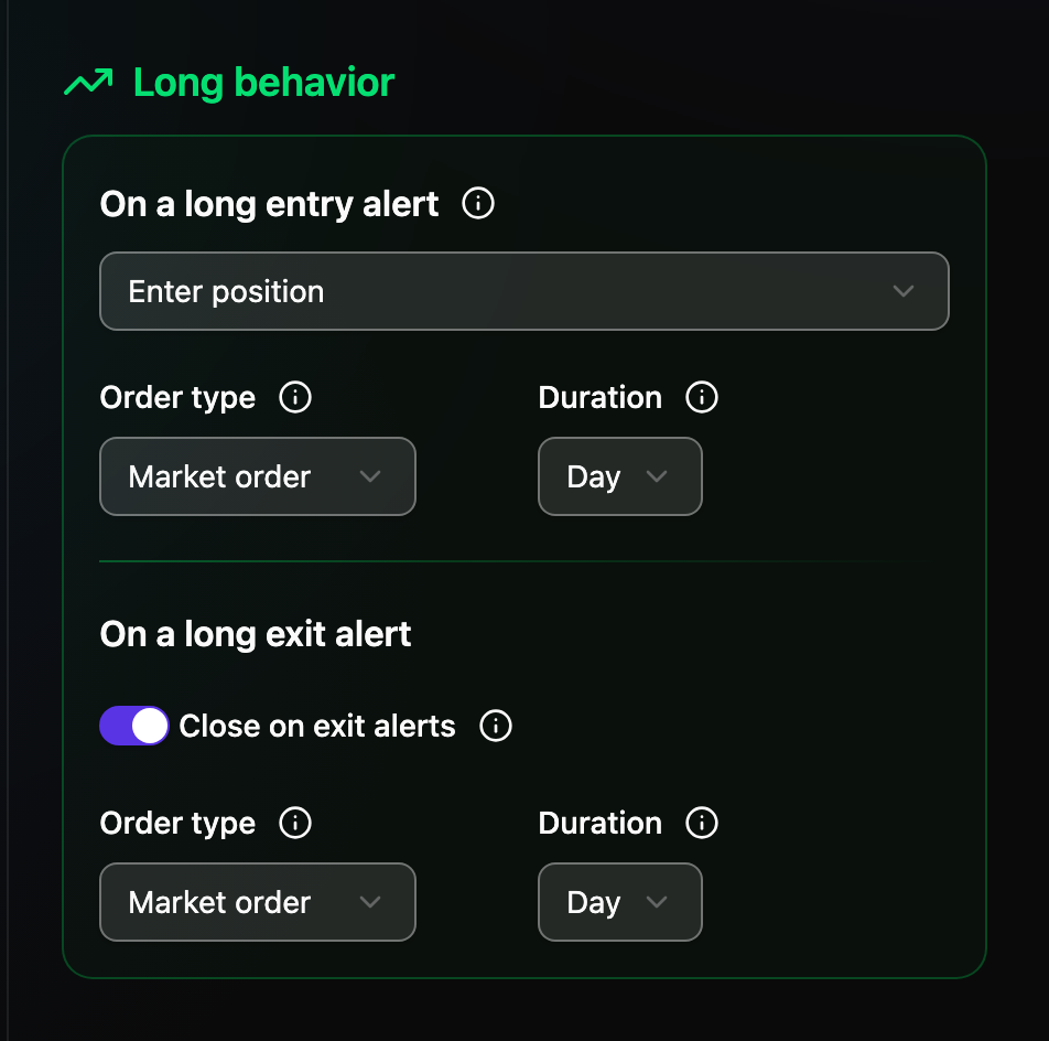 Step 2 of the strategy builder: Long behavior with its order type and duration, the choices that decide how an entry is placed.